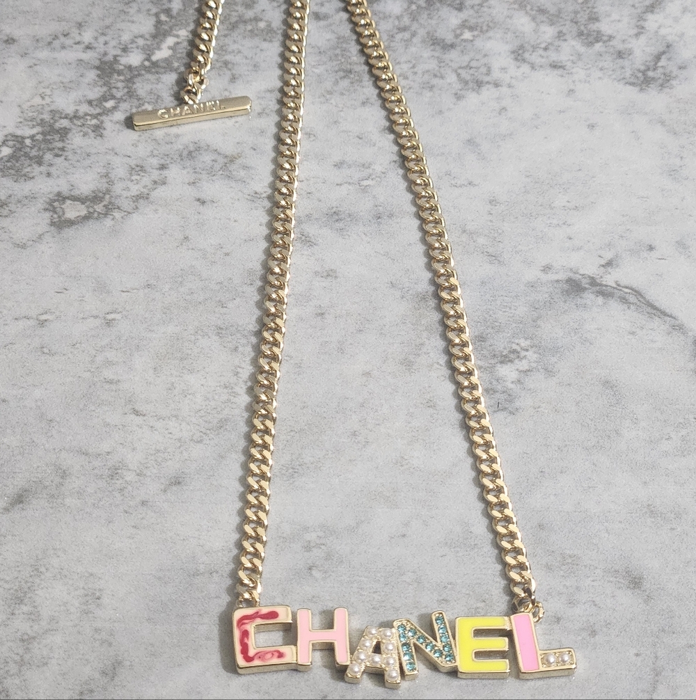 CHANEL Multicolor Enamel Logo Pendant Necklace in Gold✨️ - Picture 6 of 8